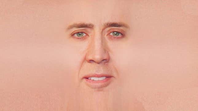 Nicolas Cage's face on a rectangle of human skin.