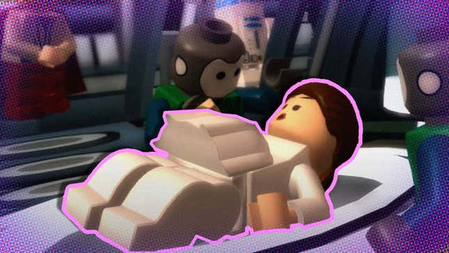 Pregnant Padme laying down on a table as seen in Lego Star Wars. 