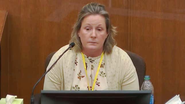 In this screen grab from video, former Brooklyn Center Police Officer Kim Potter takes questions from the prosecution as she testifies in court, Friday, Dec. 17, 2021 at the Hennepin County Courthouse in Minneapolis, Minn. Potter is charged with first and second-degree manslaughter in the April 11 shooting of Daunte Wright, a 20-year-old Black motorist, following a traffic stop in the Minneapolis suburb of Brooklyn Center. 