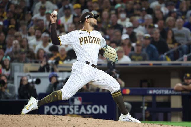 Oct 14, 2022; San Diego, California, USA; San Diego Padres relief pitcher Robert Suarez (75) throws a pitch in the eighth inning against the Los Angeles Dodgers during game three of the NLDS for the 2022 MLB Playoffs at Petco Park.