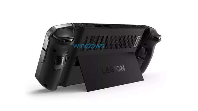 The rear of a portable gaming device shows off a wide kickstand.