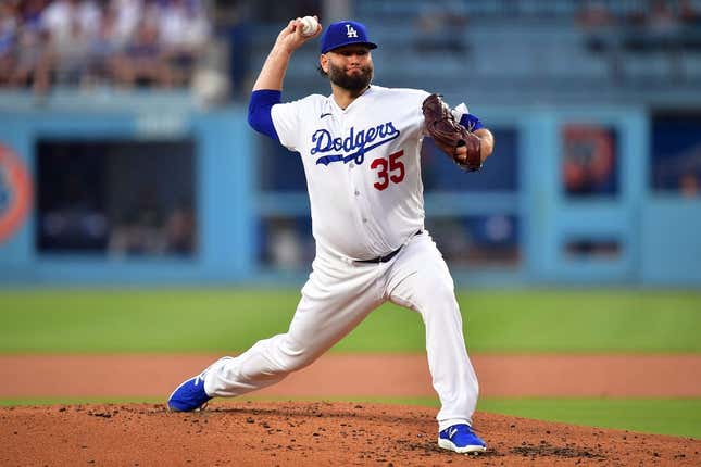 August 1, 2023; Los Angeles, California, USA; Los Angeles Dodgers starting pitcher Lance Lynn (35) throws against the Oakland Athletics during the second inning at Dodger Stadium.