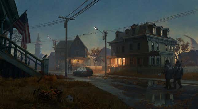 Redfall's town is seen at night.