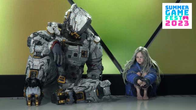 A space man sits next to a young girl in a blue coat. 