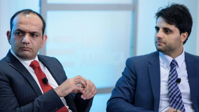Ameen Habibi(R), Afghan Deputy Finance Minister for Policy, and Khalid Payenda, senior adviser to the Afghan Minister of Finance, listen during an event on “The State of the Afghan Economy” at New America April 15, 2016 in Washington, DC. 