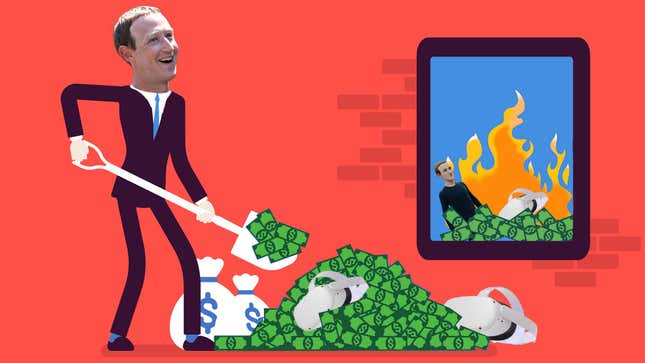 A cartoon Mark Zuckerberg tosses money and VR headsets into a large fire. 
