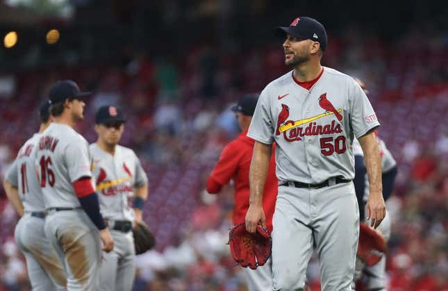 May 23, 2023; Cincinnati, Ohio, USA; St. Louis Cardinals starting pitcher Adam Wainwright (50) walks from the mound leaving the game against the Cincinnati Reds during the sixth inning at Great American Ball Park.