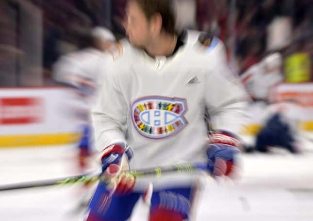 Montreal Canadiens defenseman Chris Wideman (6) skates in a Pride Night jersey during the warmup period before the game against the Washington Capitals at the Bell Centre.