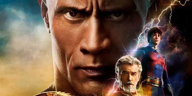Dwayne Johnson in the poster for Black Adam, also featuring Pierce Brosnan and Noah Centineo. 