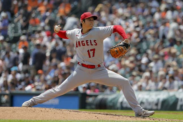 Jul 27, 2023; Detroit, Michigan, USA; Los Angeles Angels starting pitcher Shohei Ohtani (17) pitches in the fourth inning against the Detroit Tigers at Comerica Park.