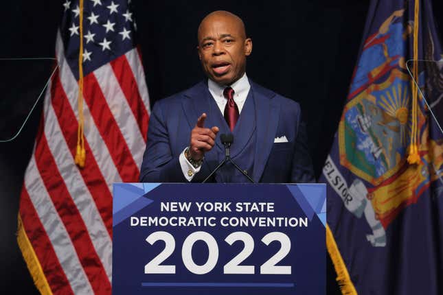  New York Mayor Eric Adams speaks during the 2022 New York State Democratic Convention at the Sheraton New York Times Square Hotel on February 17, 2022, in New York City. 