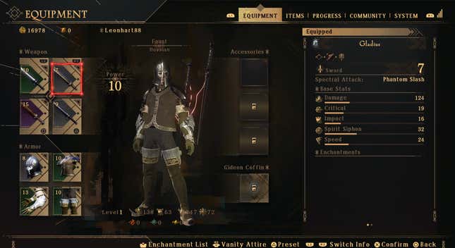 A menu shows a Babylon's Fall player outfitting their character with new gear.