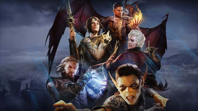 The cast of Baldur's Gate III is seen in front of a fantasy vista.