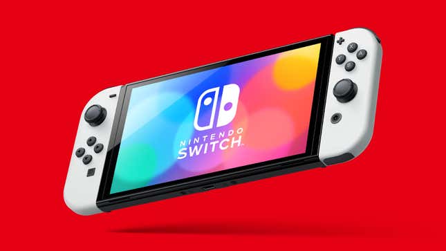 A Nintendo Switch OLED Model hovers over a red background.