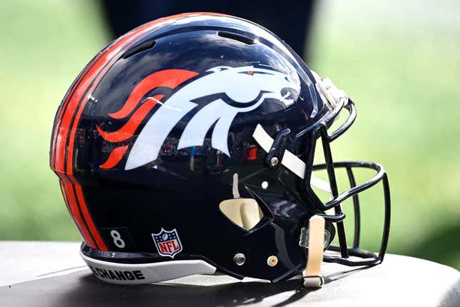 Nov 27, 2022; Charlotte, North Carolina, USA;  Denver Broncos helmet before the game at Bank of America Stadium.
