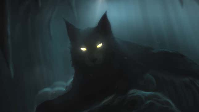 A large black cat with glowing yellow eyes lounges on a rock in the shadows.
