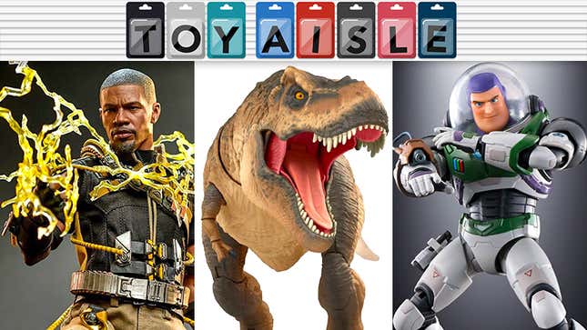 Hot Toys' No Way Home Electro, Mattel's Jurassic World Hammond Collection Tyrannosaurus Rex, and Bandai's S.H. Figuarts Lightyear Buzz Lightyear.