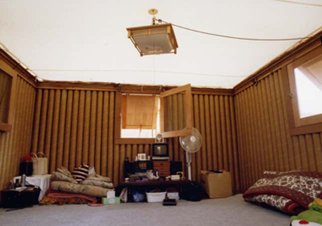 Paper log houses built after an earthquake in Kobe, Japan in 1995 use donated beer crates weighed down by sandbags as the foundation. The walls are made with paper tubes, and the roofs are made out of tenting material.