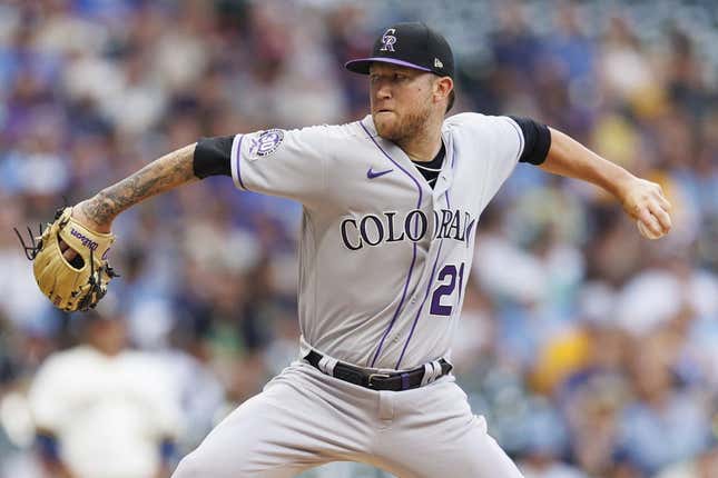 Aug 8, 2023; Milwaukee, Wisconsin, USA;  Colorado Rockies pitcher Kyle Freeland (21) throws a pitch during the first inning against the Milwaukee Brewers at American Family Field.
