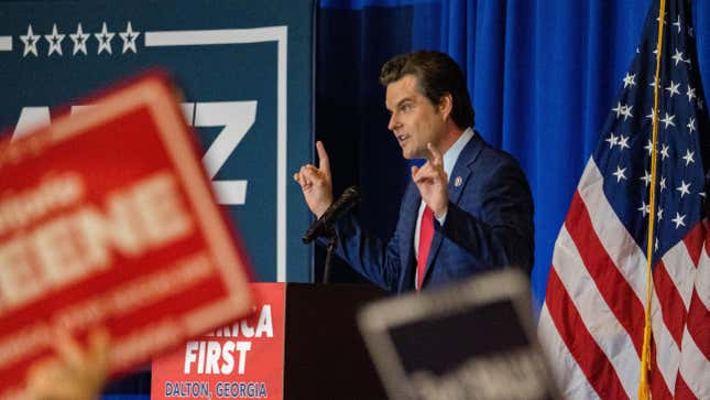 U.S. Rep. Matt Gaetz (R-FL) speaks at an America First Rally also attended U.S. Rep. Marjorie Taylor Greene (R-GA) on May 27, 2021 in Dalton, Georgia. The two Republicans, among the most outspoken supporters of former President Donald Trump, are co-hosting a cross-country series of rallies.