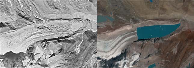 A lake-terminating glacier in the Sikkim Himalaya, northern India, in 1973 (left) and 2017 (right), reveals how new lakes shrink glaciers.