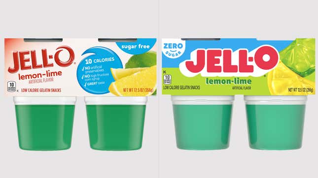 Left: Old Jell-O package and logo. Right: New Jell-O package and logo, which is rounder and puffier.