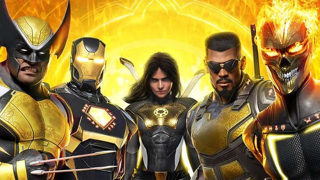A grimacing Wolverine, glowing-eyed Iron Man, too-cool-for-school Blade and flame-domed Ghost Rider flank The Hunter in official artwork for Marvel's Midnight Suns.