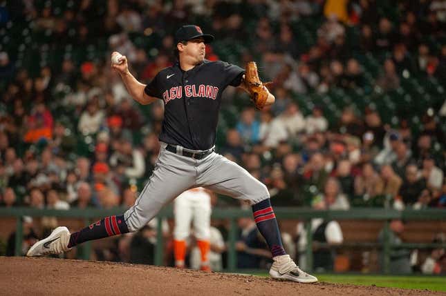 Sep 12, 2023; San Francisco, California, USA; Cleveland Guardians starting pitcher Cal Quantrill (47) throws a pitch during the fourth inning against the San Francisco Giants at Oracle Park.