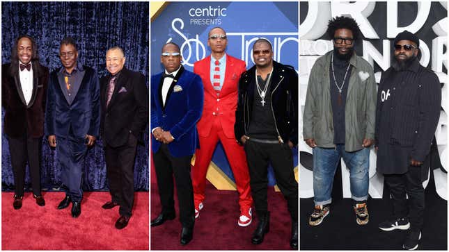 Verdine White, left, Philip Bailey, and Ralph Johnson of the band Earth, Wind &amp; Fire; Michael Bivens, Ronnie DeVoe and Ricky Bell of Bell Biv Devo; Questlove, left, and Black Thought of The Roots.