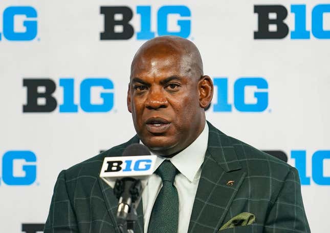 Jul 26, 2023; Indianapolis, IN, USA; Michigan State Spartans head coach Mel Tucker speaks to the media during the Big 10 football media day at Lucas Oil Stadium.