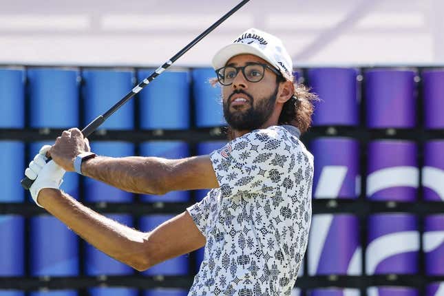 Mar 16, 2023; Palm Harbor, Florida, USA; Akshay Bhatia plays his shot from the 18th tee during the first round of the Valspar Championship golf tournament.