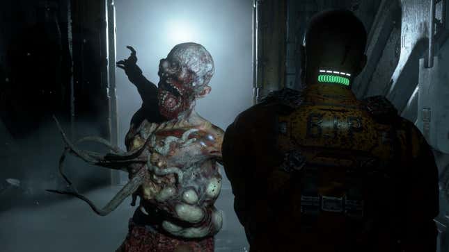 A zombie from The Callisto Protocol lurches toward a man who definitely isn't from Dead Space.