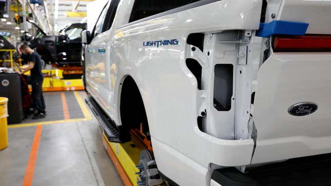 Ford Motor Co. battery powered F-150 Lightning trucks under production at their Rouge Electric Vehicle Center in Dearborn, Michigan on September 20, 2022.