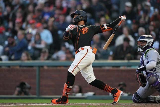 Sep 9, 2023; San Francisco, California, USA; San Francisco Giants center fielder Luis Matos (29) hits an RBI single against the Colorado Rockies during the fourth inning at Oracle Park.
