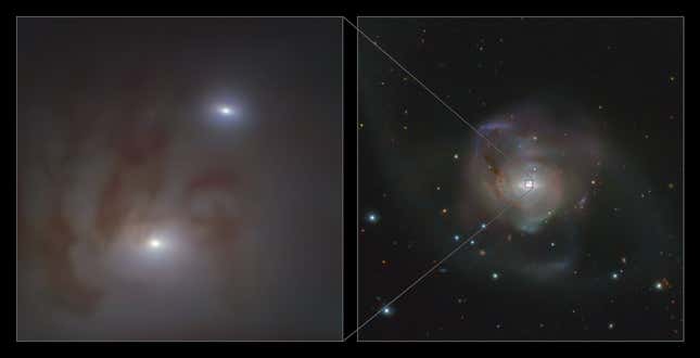 La galaxia NGC 7727 (derecha) y una vista ampliada (izquierda) que muestra los dos núcleos galácticos que contienen los dos agujeros negros supermasivos.