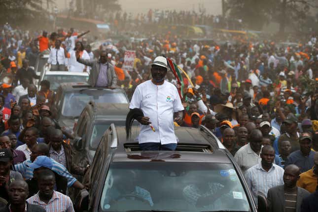 Kenyan opposition leader Raila Odinga, the presidential candidate of the National Super Alliance (NASA) coalition, arrives for a political rally at the Kamukunji grounds in Nairobi, Kenya, October 18, 2017.