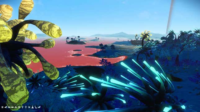 A colorful world in No Man's Sky shows lush plants.