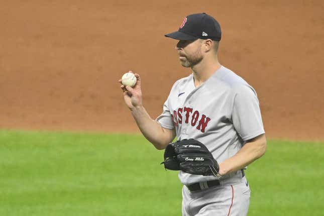 Jun 8, 2023; Cleveland, Ohio, USA; Boston Red Sox starting pitcher Corey Kluber (28) reacts in the sixth inning against the Cleveland Guardians at Progressive Field.
