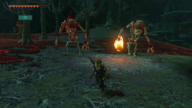 Link in Tears of the Kingdom runs away from enemies in the depths.