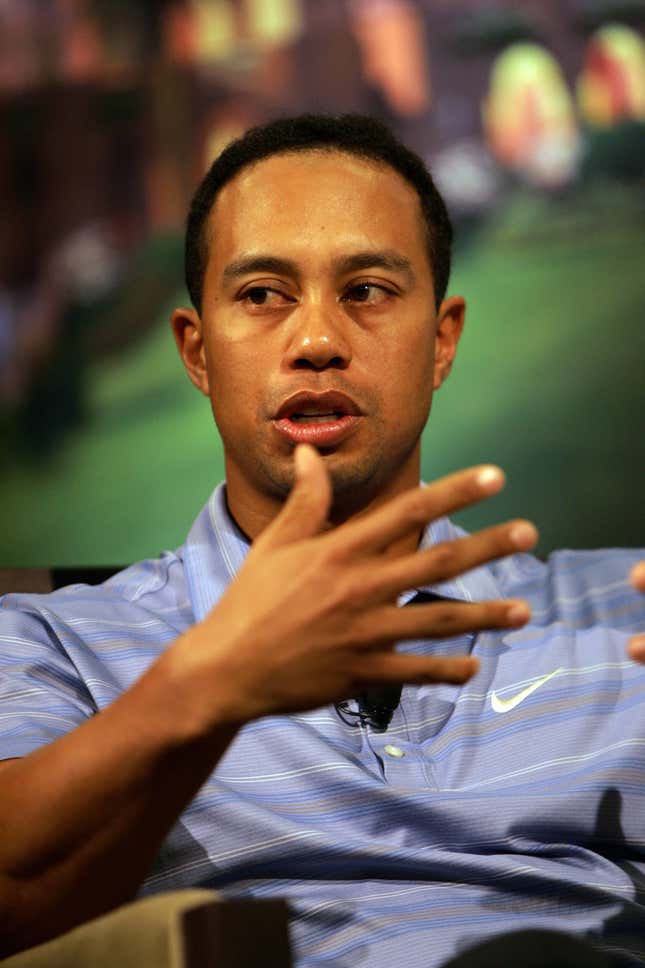 US champion golfer Tiger Woods talks during an unveiling ceremony of the planned development of the Tiger Woods Dubai community at a venue in Dubai on August 25, 2008.
