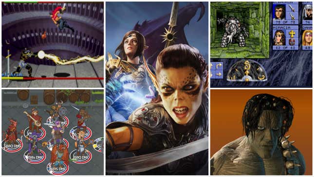 Center: Baldur’s Gate III (Image: Larian Studios) Outer images, clockwise from upper left: Dungeons &amp; Dragons: Shadows Over Mystara (Image: Capcom), Eye Of The Beholder (Image: SNEG), Planescape: Torment (Image: Beamdog), Idle Champions Of The Forgotten Realms (Image: Codename Entertainment)
