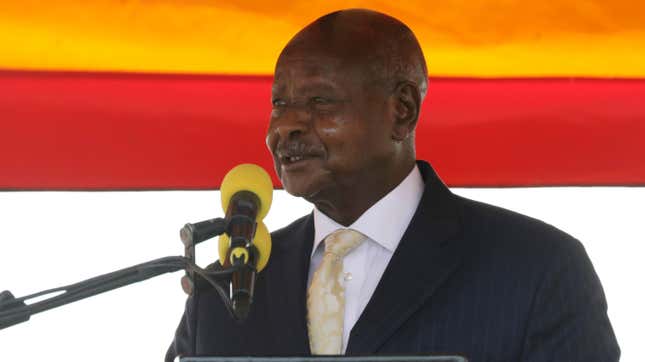 Uganda’s President Yoweri Museveni speaks during the 60th Independence Anniversary Celebrations, in Kampala, Uganda on Oct. 9, 2022.