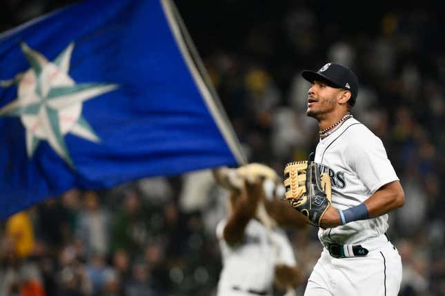 Aug 28, 2023; Seattle, Washington, USA; Seattle Mariners center fielder Julio Rodriguez (44) jogs off the field after the Mariners defeated the Oakland Athletics at T-Mobile Park.