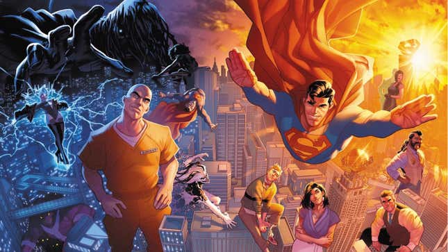 A cloaked figure reaches for a smug Lex Luthor as Superman and his family fly over Metropolis.