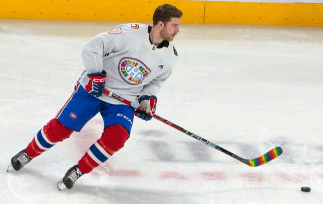 Montreal Canadiens’ Chris Tierney wears a pride-themed warmup jersey prior to playing against the Washington Capitals