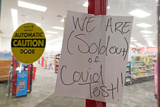 A sign was posted at the front of this CVS pharmacy at the Capitol in Jackson, Miss., Monday, Jan. 3, 2022. It was widely reported that the at-home COVID-19 tests were in very short supply throughout the state.