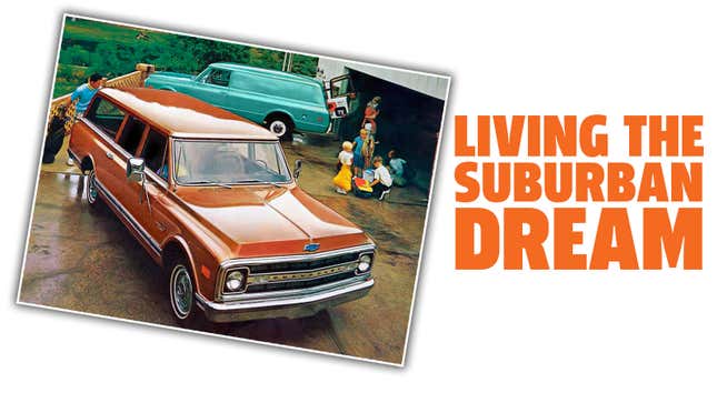 A photo of a vintage Chevrolet Suburban with the caption "Living the suburban dream." 