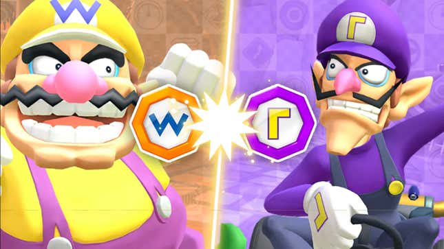 A screenshot from Mario Kart Tour showing Wario and Waluigi side-by-side in a brand-new event starting on January 25.