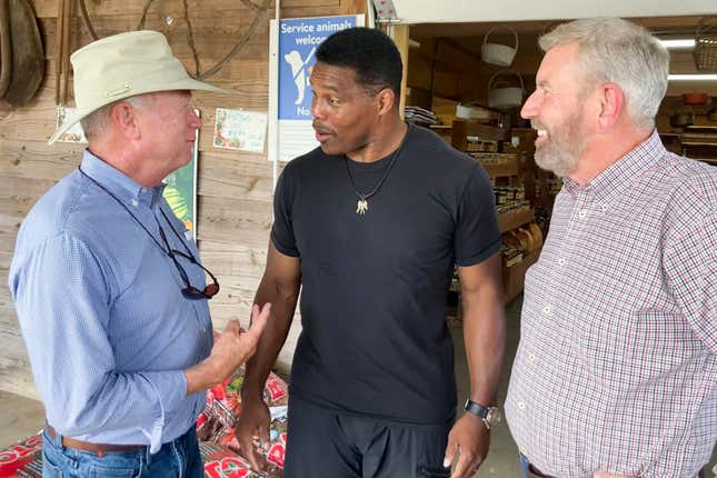 Republicans Senate candidate Herschel Walker, center, talks with Georgia state Sen. Butch Miller, left, and former state Rep. Terry Rogers as Walker campaigns July 21, 2022, in Alto, Ga. Walker has plenty to say about how his Democratic rival, Sen. Raphael Warnock, does his job in Washington. But he is considerably less revealing about what he’d do with the role himself.