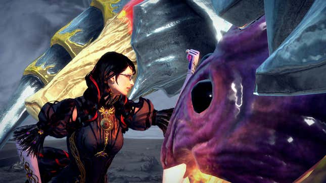 Bayonetta bonks the head of a giant spider demon.